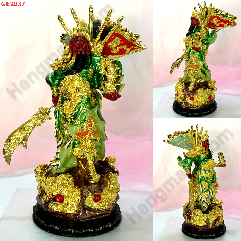 GE2037 เทพกวนอู ยืน 9 มังกร 5 ธงถือก้อนทอง ราคา 3200 บาท http://hengmark.com/view_product/GE2037.htm
