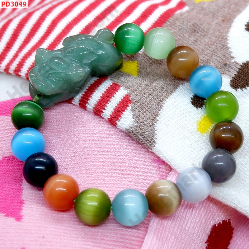 PD3049  สร้อยข้อมือปี่เซียะหยกเขียว+ลูกแก้วตาแมว ราคา 399 บาท http://hengmark.com/view_product/PD3049.htm