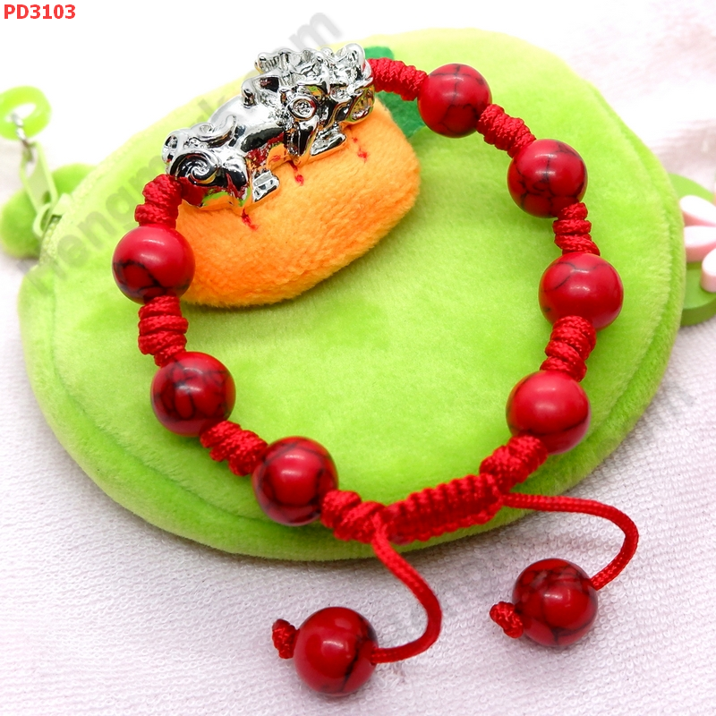 PD3103 สร้อยข้อมือปี่เซียะสีเงิน+หินสีแดง ราคา 349 บาท http://hengmark.com/view_product/PD3103.htm