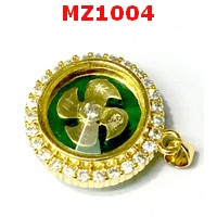 MZ1004 : จี้กังหันสีทอง ฝังพลอย หลังหยกเขียว