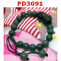 PD3091 : สร้อยข้อมือปี่เซียะหินสีเขียวเข้มสร้อยเชือก