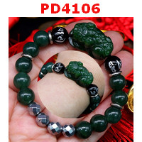 PD4106 : สร้อยข้อมือปี่เซียะหินหยกสีเขียวเข้ม+คาถาทิเบต